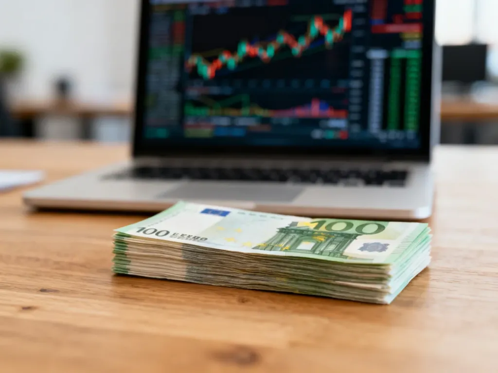 Stos banknotów euro na drewnianym biurku w tle z rozmytymi wykresami giełdowymi na ekranie laptopa.