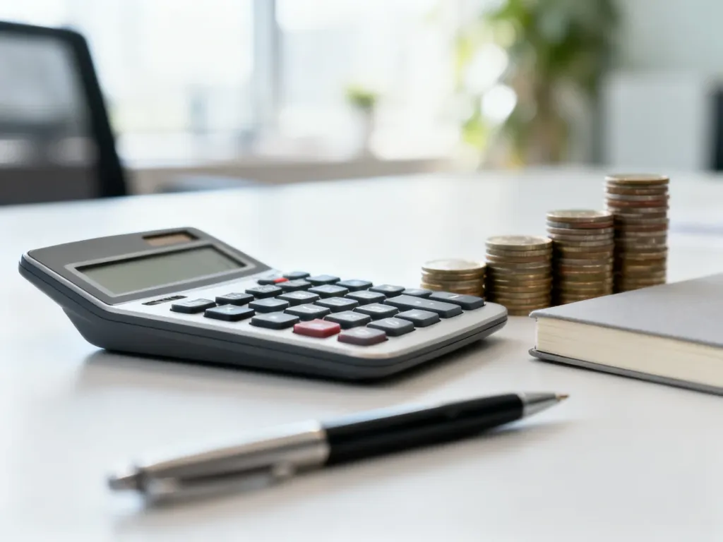 Profesjonalne biurko z kalkulatorem i monetami, symbolizujące planowanie finansów oraz obliczanie wynagrodzenia.