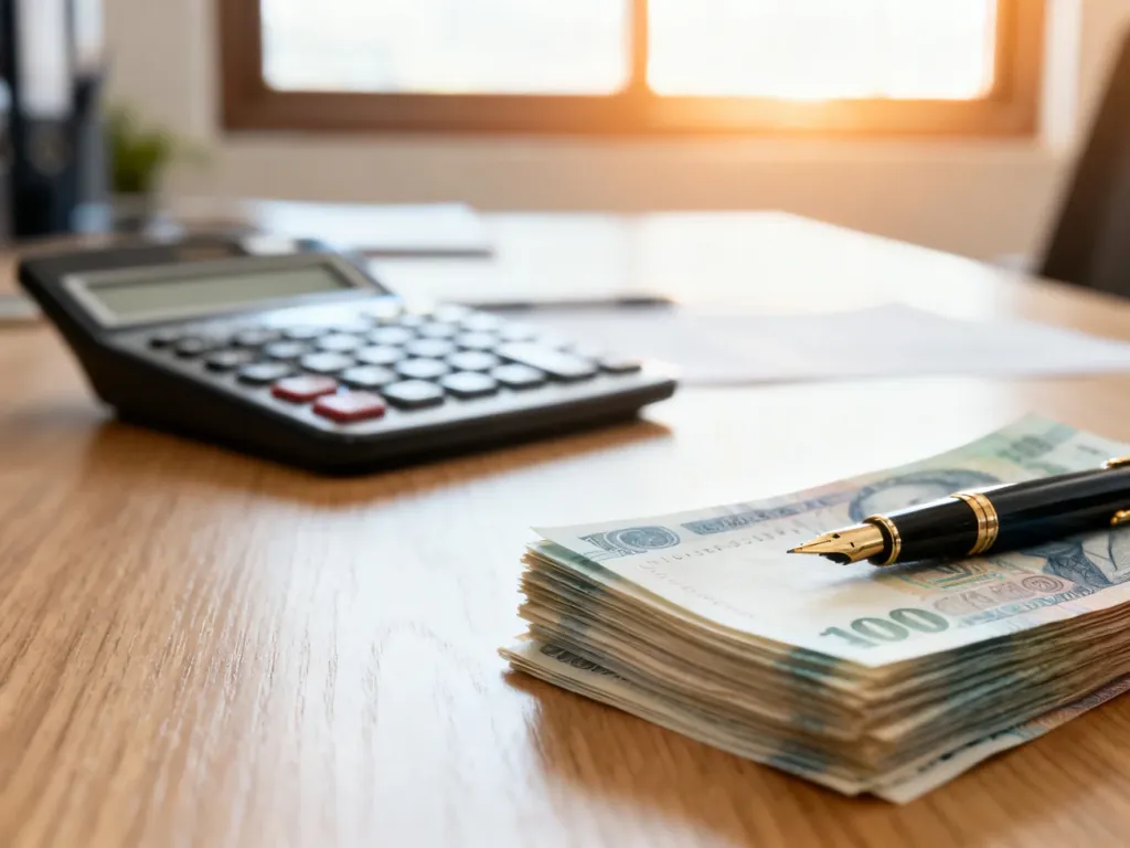Kalkulator, pióro i plik banknotów na biurku, symbolizujące planowanie finansów i obliczanie wynagrodzenia.