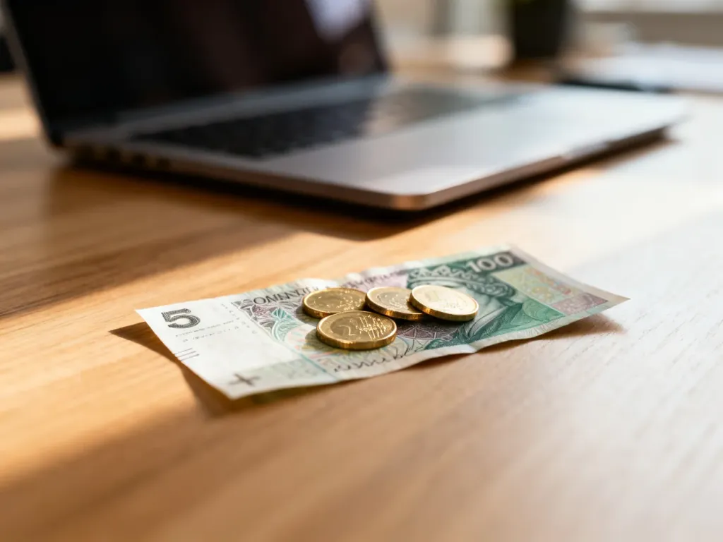 Monety euro i polski banknot na drewnianym biurku, symbolizujące wymianę walut i finanse.