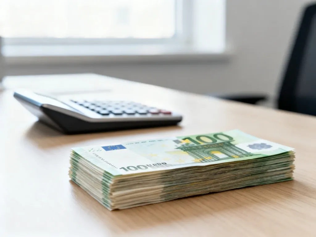 Stos banknotów euro na biurku obok kalkulatora, symbolizujący przeliczanie walut i finanse.