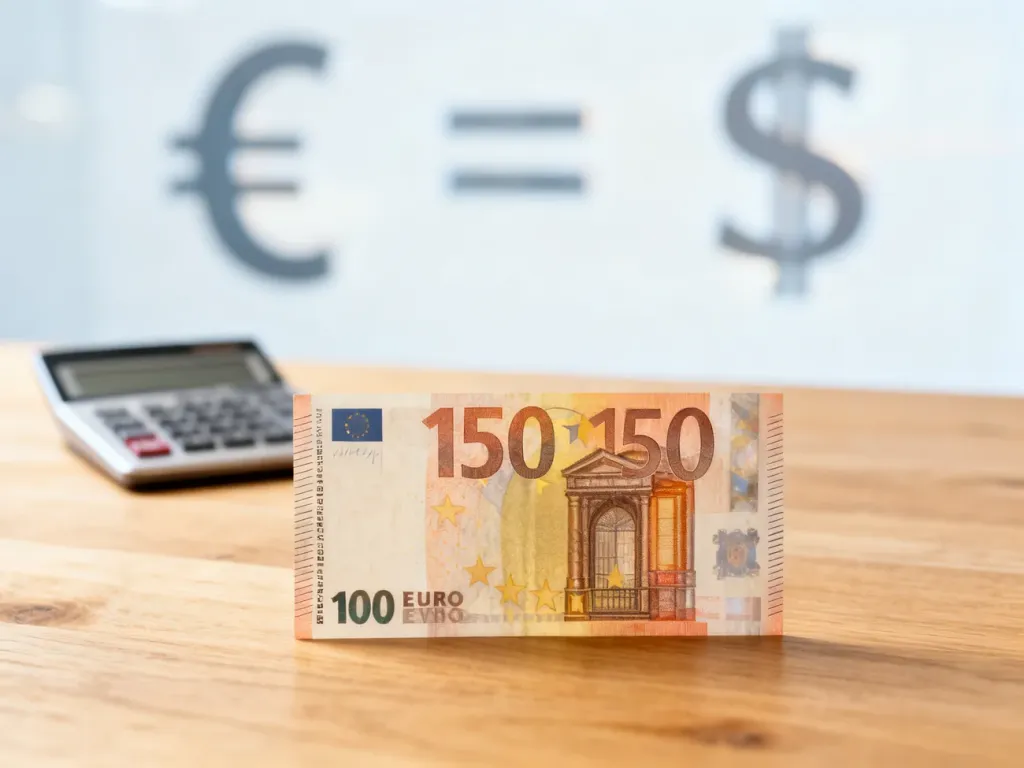 Banknot 150 euro leżący na drewnianym stole, obok kalkulatora, symbolizujący przelicznik walut.