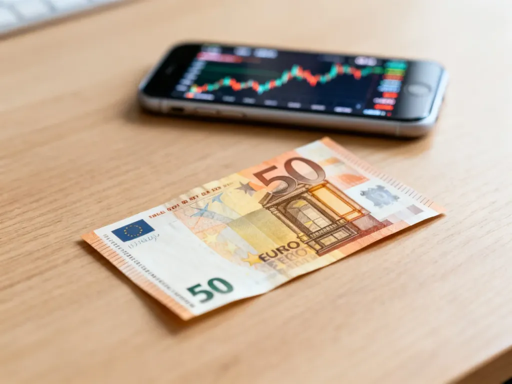 Banknot pięćdziesięciu euro leżący na drewnianym biurku w tle z rozmytym wykresem kursów walut na smartfonie.