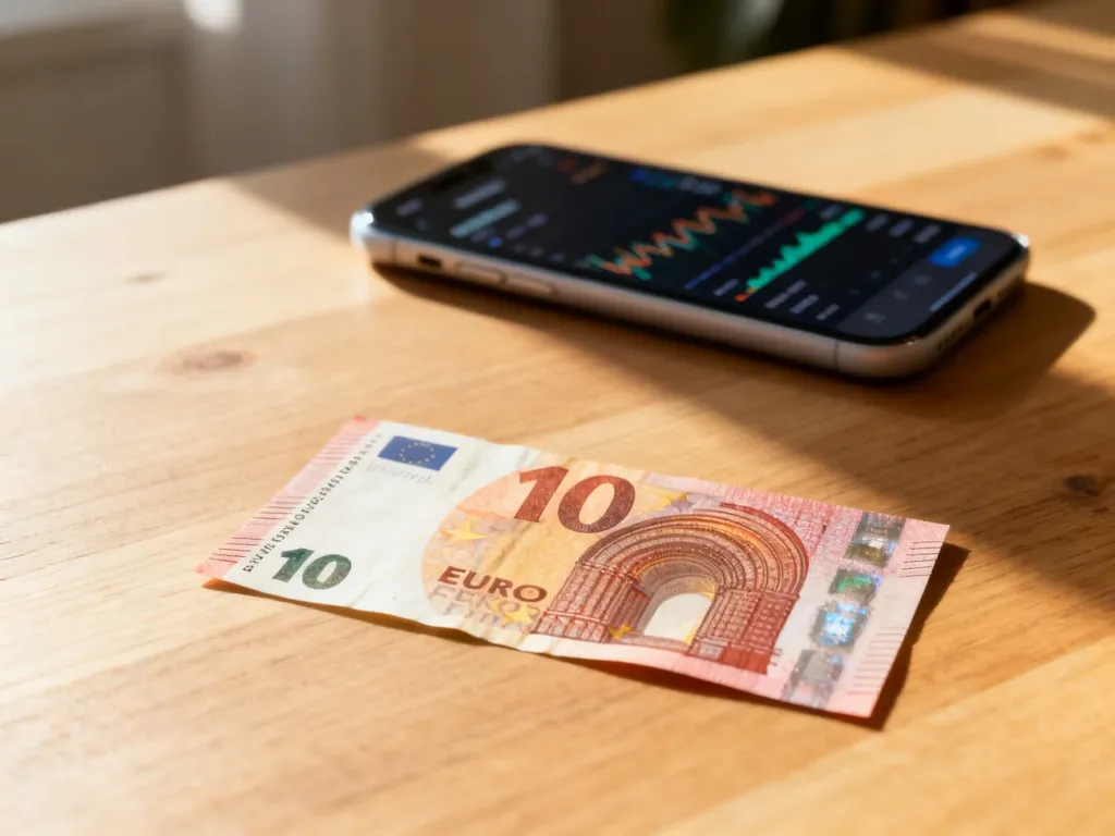 Banknot dziesięciu euro leżący na drewnianym stole obok smartfona z aplikacją do przeliczania walut.