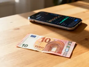 Eleganckie biurko z kalkulatorem i monetami, symbolizujące profesjonalne planowanie finansów i obliczenia płacowe.