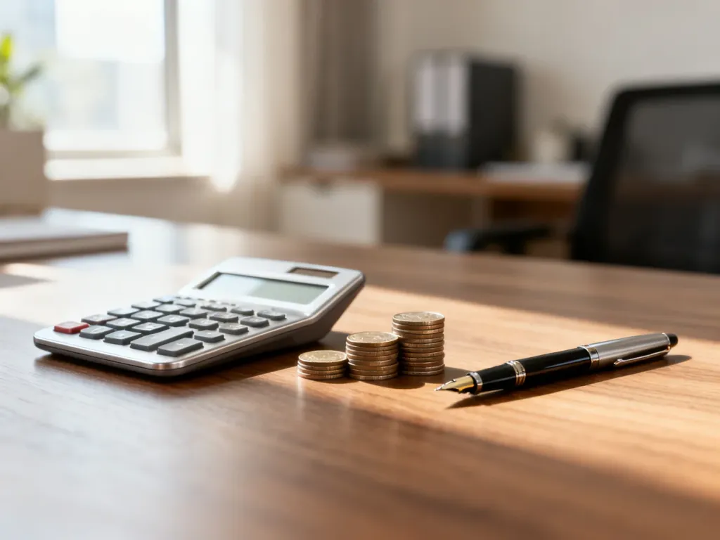 Kalkulator, monety i pióro na biurku, symbolizujące obliczenia finansowe i planowanie budżetu.