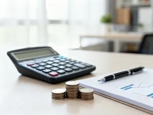 Profesjonalne biurko z kalkulatorem i monetami, symbolizujące planowanie finansów oraz obliczanie wynagrodzenia.