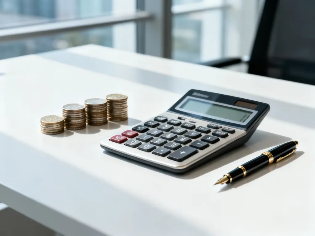 Kalkulator, monety i pióro na biurku, symbolizujące profesjonalne wyliczenia wynagrodzenia i planowanie finansowe.