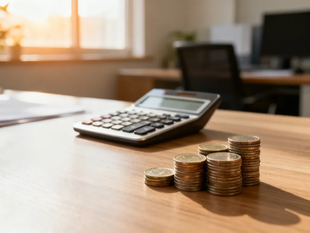 Minimalistyczne biurko z kalkulatorem i monetami, symbolizujące planowanie finansów i obliczanie wynagrodzenia.