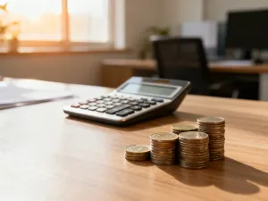Kalkulator, pióro i gotówka na biurku, symbolizujące obliczenia finansowe i planowanie wynagrodzenia.