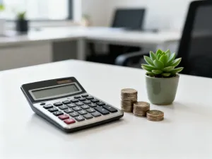 Banknot 150 euro leżący na drewnianym stole, obok kalkulatora, symbolizujący przelicznik walut.