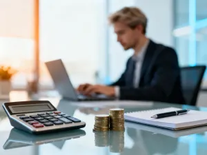 Kalkulator, monety i wykres wzrostu finansowego na biurku, symbolizujące obliczenia wynagrodzenia i planowanie budżetu.