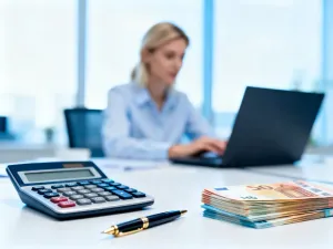 Mężczyzna przy biurku z kalkulatorem i dokumentami finansowymi, symbolizujący obliczanie wynagrodzenia netto.