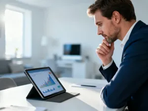 Kobieta w domowym biurze analizuje wykresy finansowe na tablecie, planując budżet i obliczając wynagrodzenie.