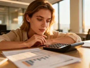 Mężczyzna przy biurku z kalkulatorem i dokumentami, symbolizujący obliczanie wynagrodzenia i planowanie finansów.