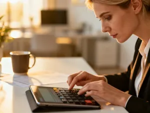 Kobieta przy biurku analizująca dokumenty finansowe na laptopie, skupiona na planowaniu domowego budżetu.