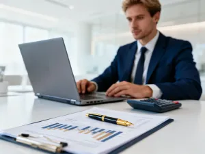 Kobieta w biurze obliczająca finanse na tablecie, korzystająca z kalkulatora i notatnika w celu sprawdzenia wynagrodzenia netto.