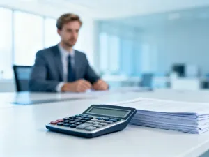 Profesjonalista przy biurku oblicza finanse na laptopie, korzystając z kalkulatora i notatnika w nowoczesnym biurze.
