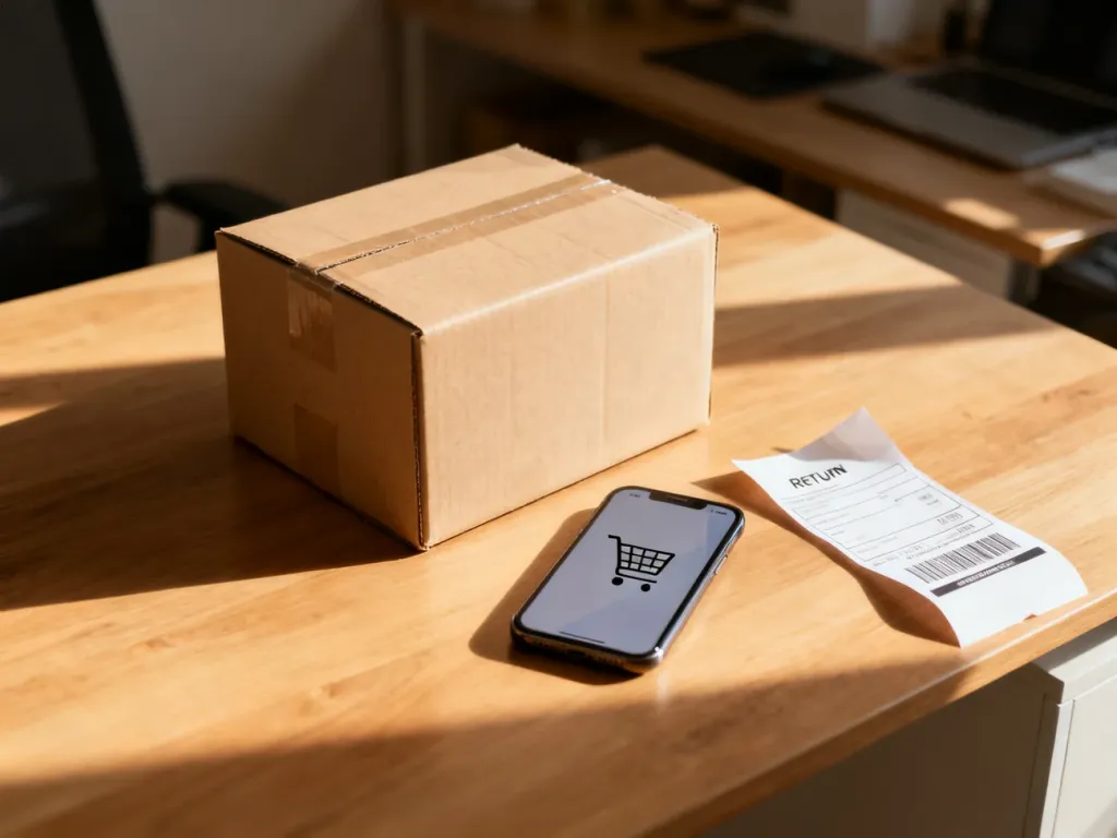 Kartonowe pudełko z etykietą zwrotną i smartfon z ikoną koszyka na biurku, symbolizujące proces zwrotu towaru online.