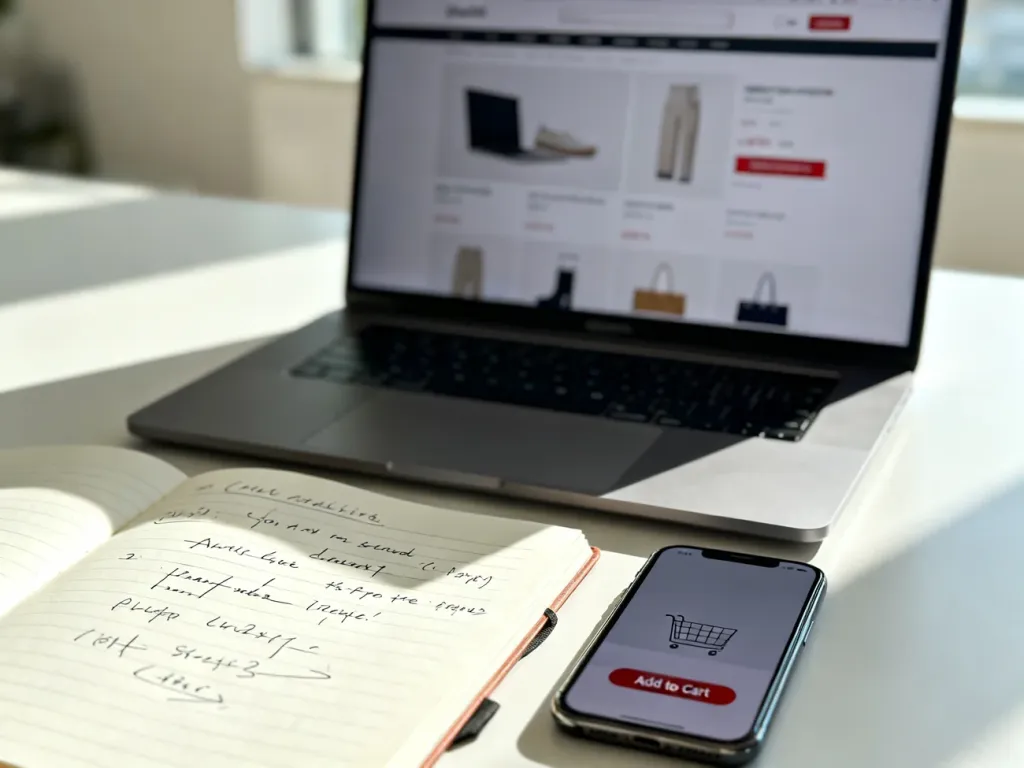 Laptop z widocznym układem strony produktu, notatnikiem i smartfonem, ilustrujący elementy skutecznej karty e-commerce.
