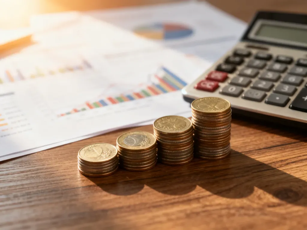 Stos pieniędzy i kalkulator na biurku, symbolizujące planowanie finansowe oraz analizę kosztów kredytu.