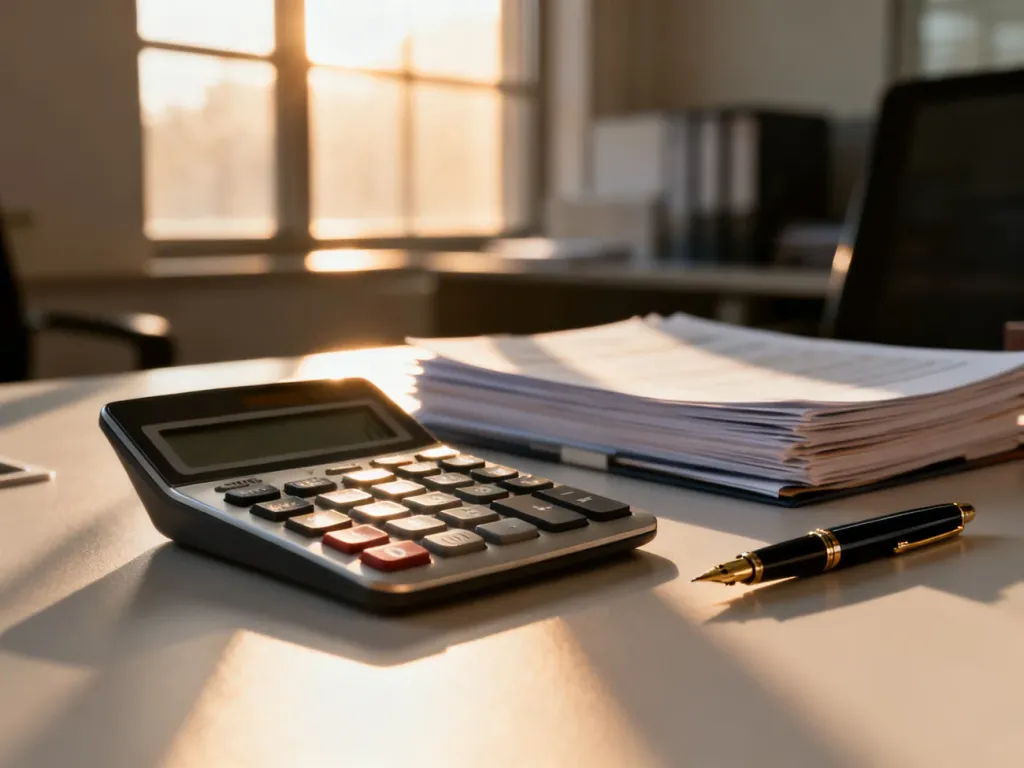 Profesjonalne biurko z kalkulatorem, piórem i dokumentami w ciepłym świetle poranka, symbolizujące ład i pracę finansową.